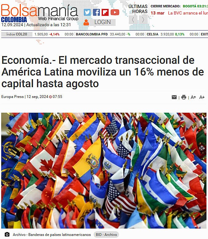 Economa.- El mercado transaccional de Amrica Latina moviliza un 16% menos de capital hasta agosto